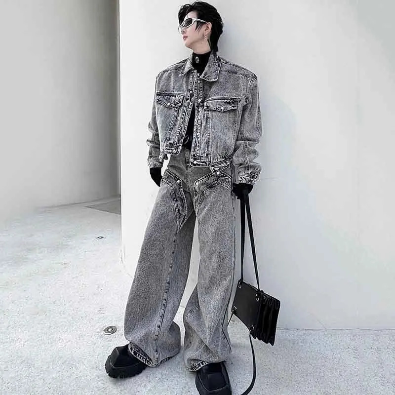 PFNW Mens Grey Trouser Set Patch Pocket Embossed Denim Short Jacket and Wide Leg Jeans Spring Loose Two Piece Set 9C4491 250220
