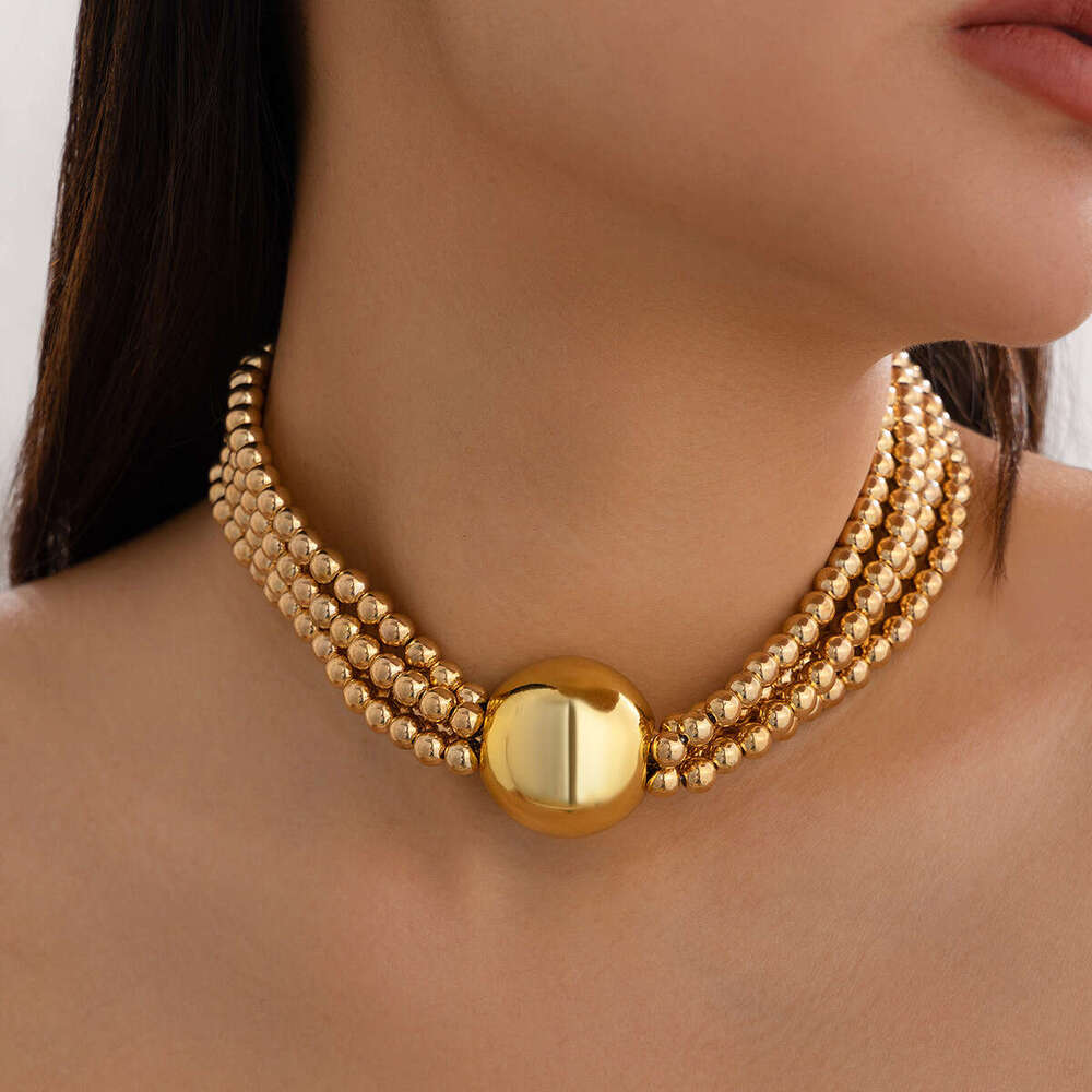 Exaggerated round bead pendant, collarbone necklace, women's hip-hop trendy metal multi-layer pearl necklace