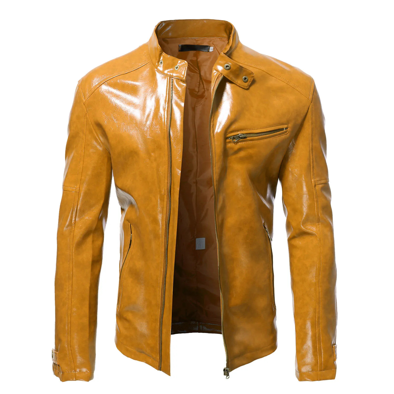 Drift Jacket Men Casual Solid Color Stand Zipper Pocket Leather Slim Lightweight Teen Coat Windbreaker Mens Autumn 250210