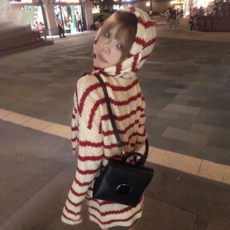 Karrram Japanese Y2k Hooded Cardigan 2000s Aesthetics Rabbit Ears Zipper Knitwear Vintage Haruku Red Stripe Sweater Grunge