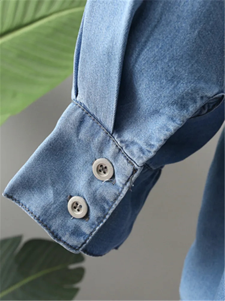 Plus Size Womens Clothing Blouses Shirt Spring And Autumn Denim LongSleeved Lapel Thin Soft Basic Shirts Oversize 250220Z