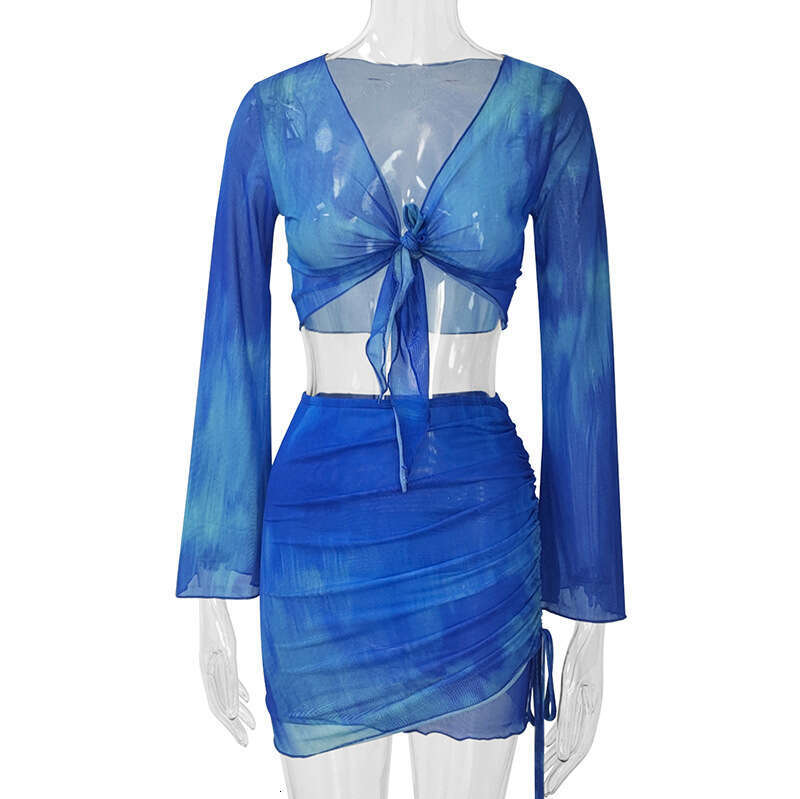 European and American women's autumn tie dye print V-neck strap gradient color mesh trumpet sleeve top short skirt set 2025 new casual fashion tr