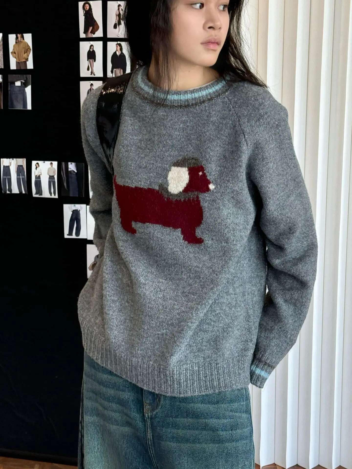 Winter Women's Casual Dog Pattern Round Neck Long Sleeved Loose Sweater