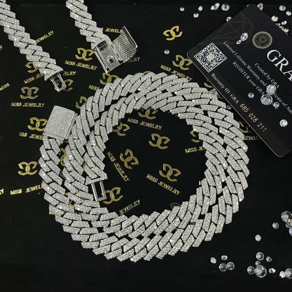 Sterg Sier 12mm Cuban k Chain Moissanite 100% Pass the Dia Test Men and Women Necklace