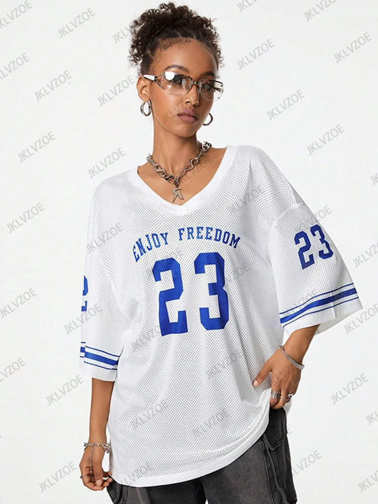 Summer Black Enjoy Freedom 23 Print TShirt For Women VNeck Short Sleeve Mesh Sports Football Jersey Y2K Oversized Tops 250214