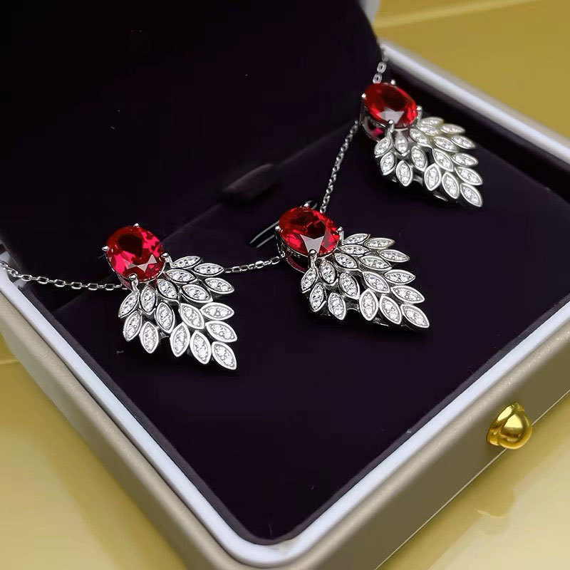 Sparkling Elegant Wedding Bride Jewelry Sets Luxury 925 Sterling Silver Oval Cut Ruby Zircon CZ Diamond Gemstones Party Women Earring Women Clavicle N
