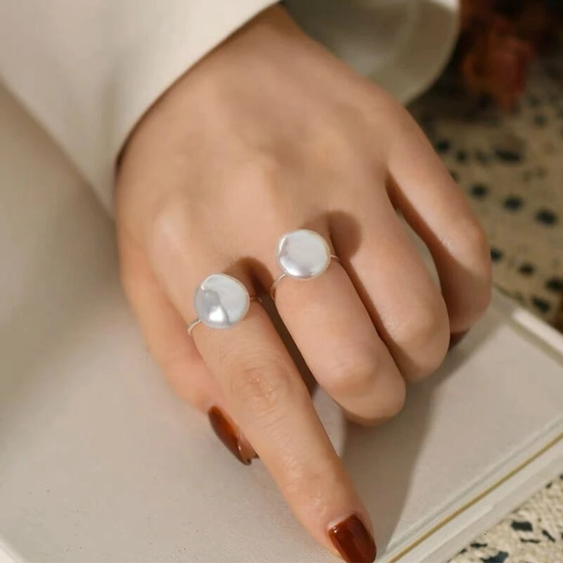 100% Natural Bright FreshWater Round Button Baroque Pearl Ring S925 Sterling Silver Simple Adjustable Ring Ladies Exquisite Gift 250218
