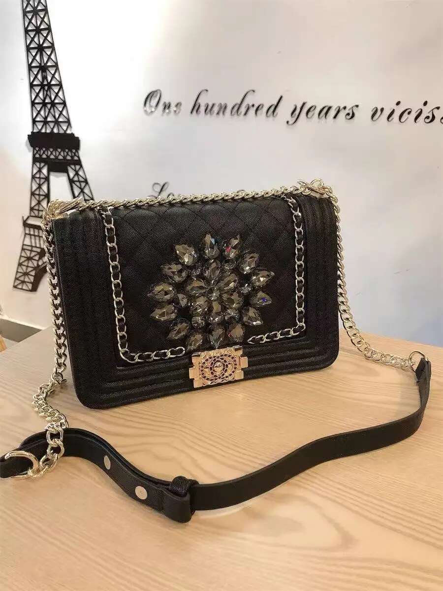 High Quality Textured Leather Fashion Plaid Square Crystal Shiny Rhies Women Handbag Shoulder Messenger Bag Lady Purse