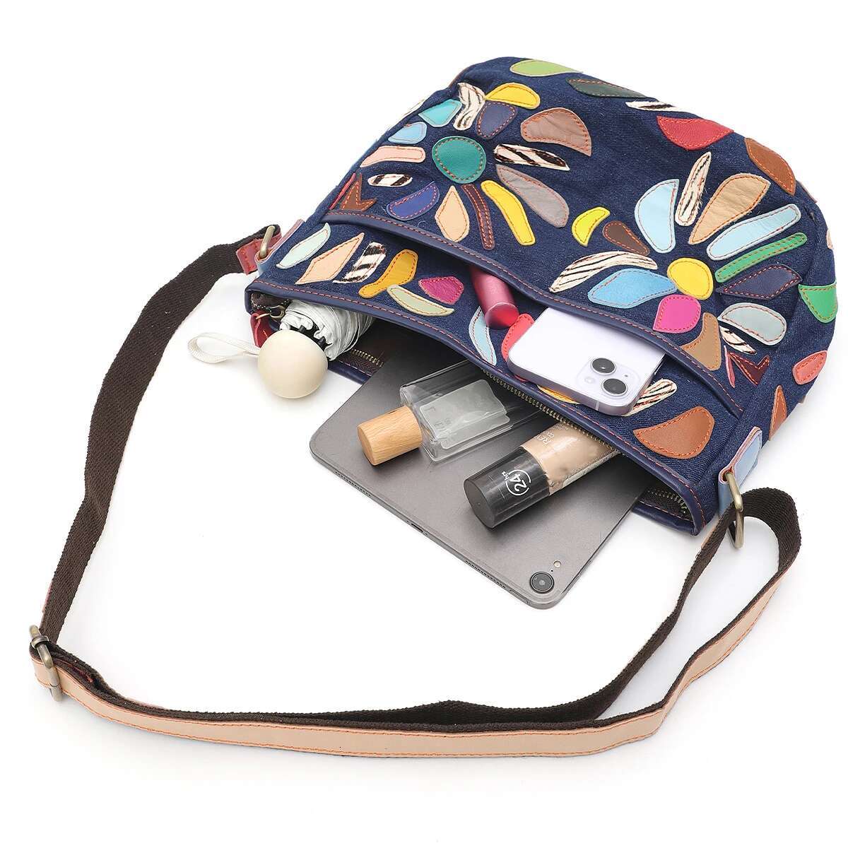 SC Random Colorful Leather Patchwork Canvas Shoulder Bag For Women Multi Pockets Cross Body Handbag Vintage Casual Daily