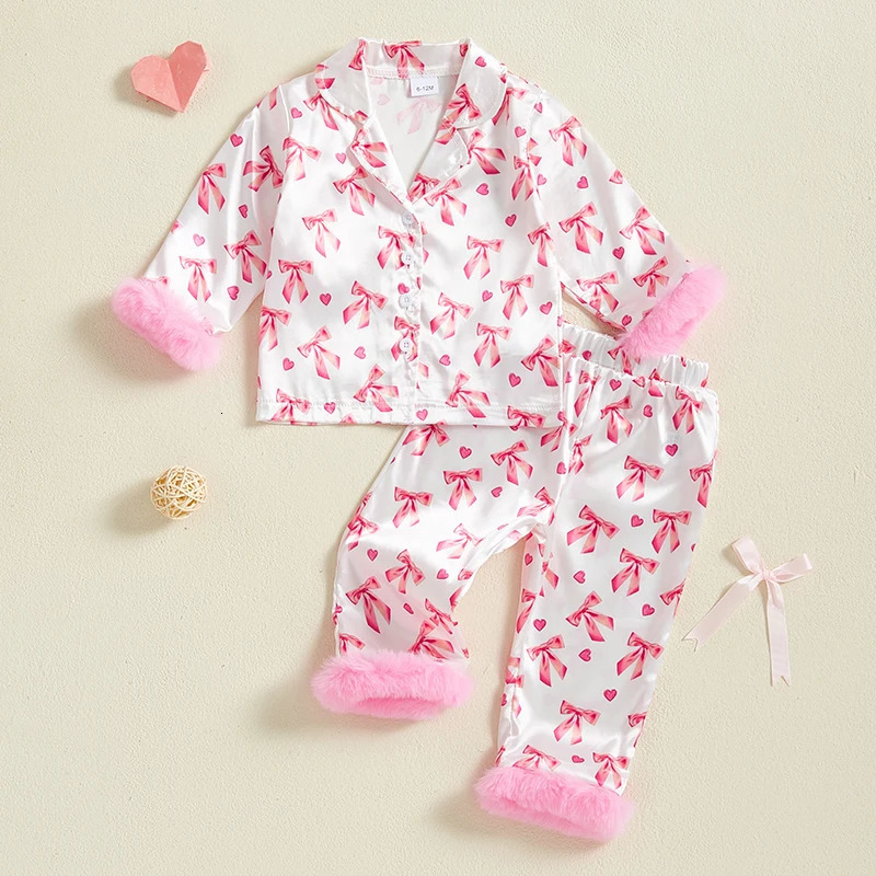 Toddler Girl Pajamas Valentines Day Baby Silk Satin Nightgown Little Kids Girls Pjs Button Down 2 Piece Pajamas Set 250219