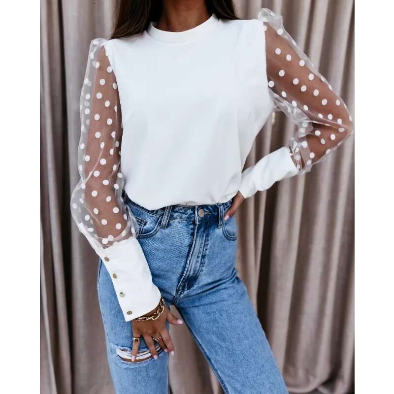 Spring Women's Casual Shirt/Chiffon Fashion Stand Up Collar Solid Color Lace Dot Long Sleeved Commuting Chiffon Shirt
