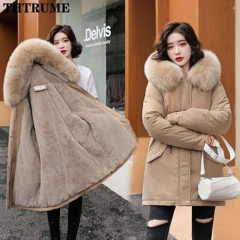 Autumn Winter Thick Er Hooded Parka Jackets Fashion Women Long Sleeve Fur Collar Wool Zipper Coats Tops Casual New Parkas