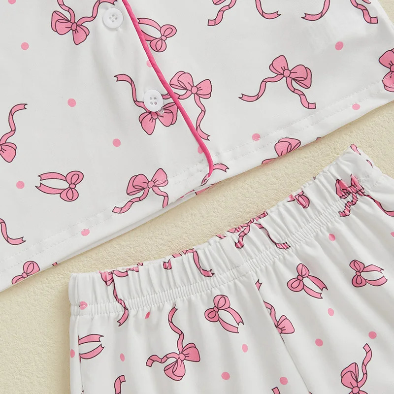 Toddler Kids Baby Girls Summer Pajamas Sets Dot Bow Print Button Down V Neck Short Sleeve Tops Shorts Loungewear Outfits 250219