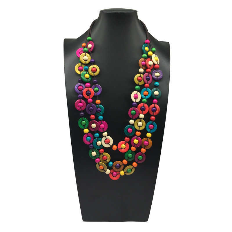 Pendant Necklaces Bohemian handmade woven coconut shell multi-layer wooden round bead colorful beach long necklace necklaces H25219