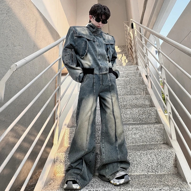 LUZHEN Standing Collar Personalized Patchwork Denim Jacket Short Two Piece Sets Mens Loose Street Mens Jeans LZ6548 250220
