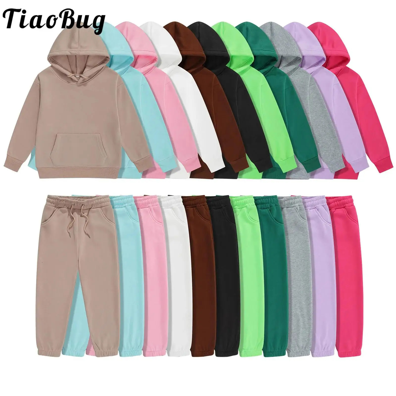 Autumn Kids Boys Girls Solid Color Sport Suit Warm Casual Tracksuit Long Sleeve Drawstring Pullover Hoodie with Sweatpants 250220
