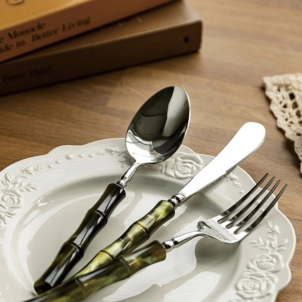 Resin Cutlery Bamboo Style 18/10 stainless steel 304 Classical Flatware Dinnerware Set Silver Drop 250214