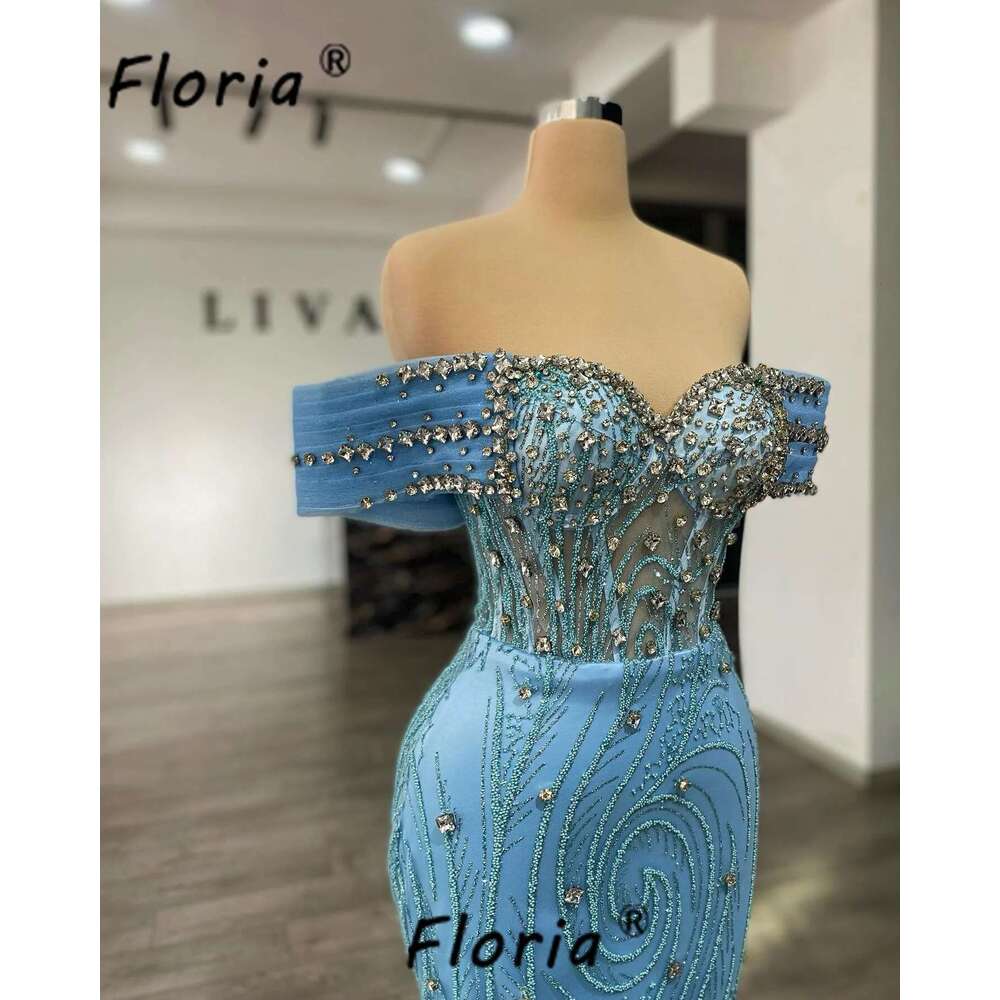 Beads Sexy Mermaid Evening Dresses Crystal Blue Lace Corset Woman Party Prom Gow Paillet