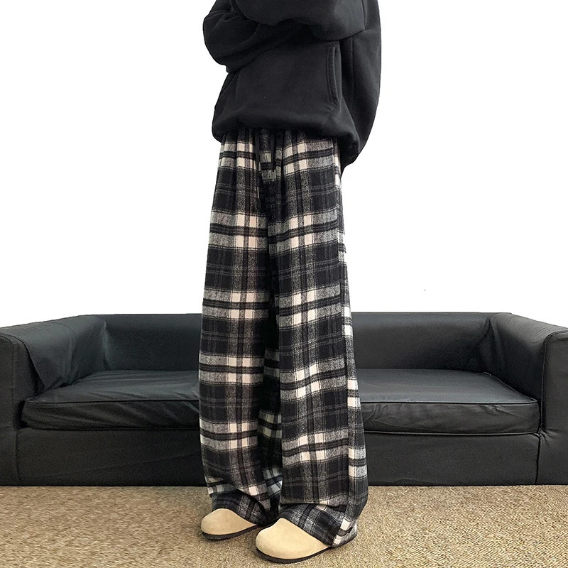 Fashion Plaid Pants Baggy Elastic Waist Hip Hop Loose Trousers Korean Streetwear Wide-legged Pants Unisex Casual Trousers 250220