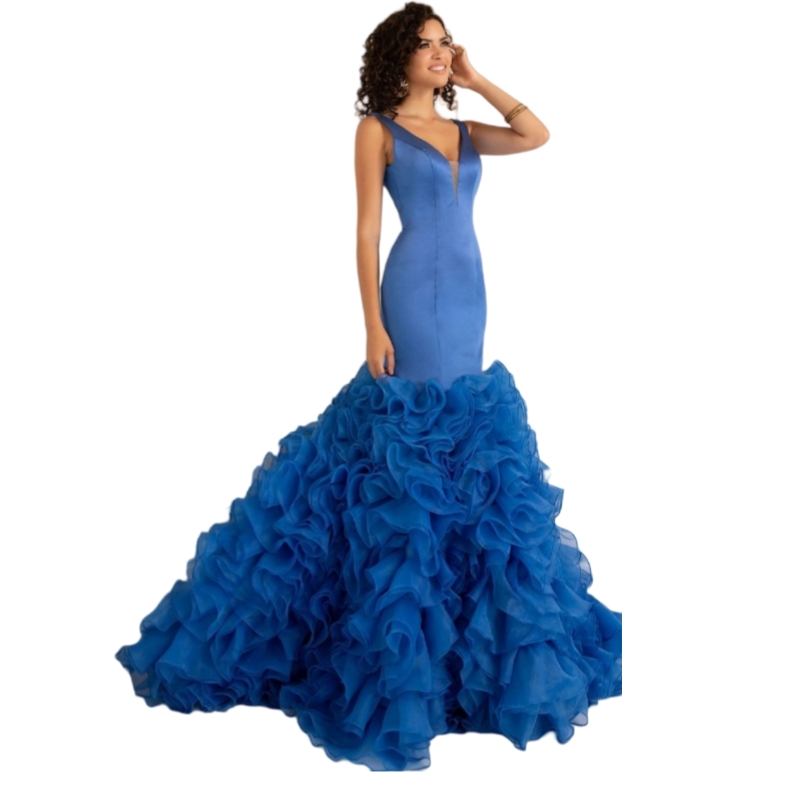 Tiered Blue Mermaid Prom Dresses V-neck Sleeveless Long Satin And Organza Special Occasion Dress Ruffles Evening Gown For Women 2025 Custom Made Recep