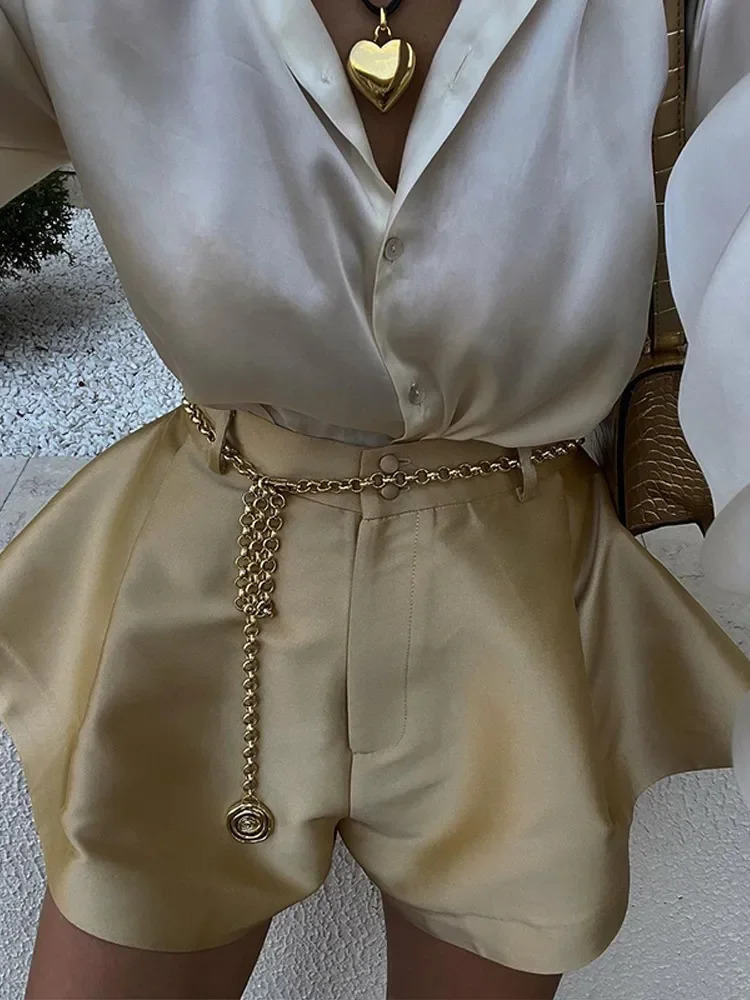 Casual High Waist Solid Silk Lady Short Pants Chic Wide Leg Shorts for Women Spring Female Loose All-match Pants Streetwear 250219
