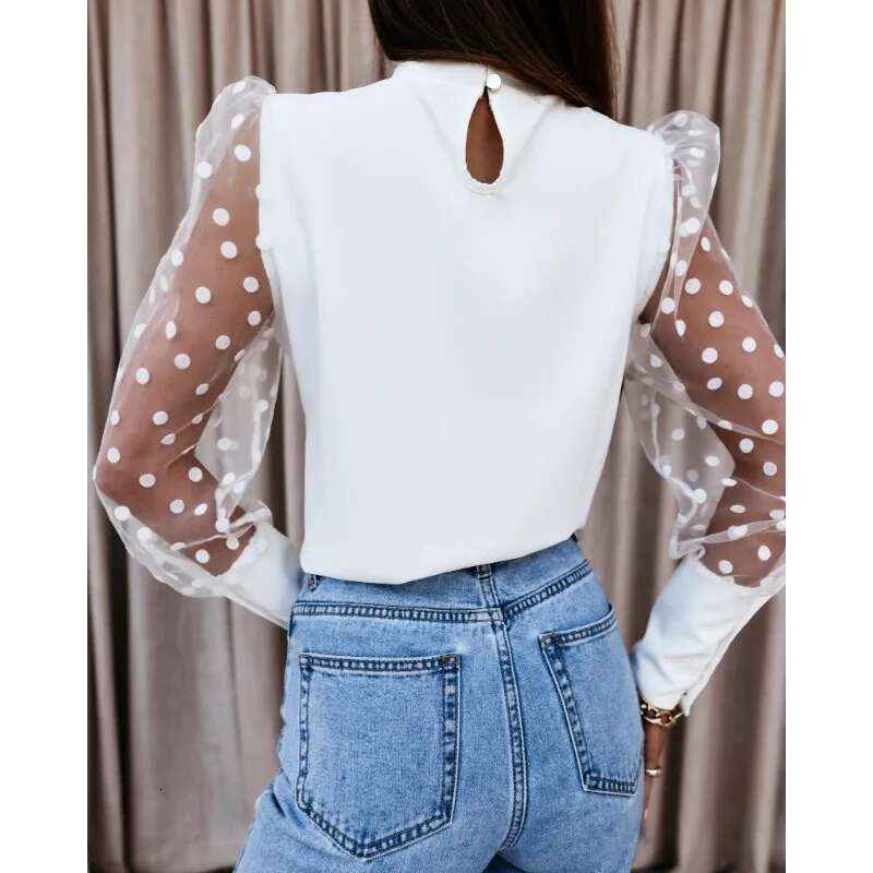 Spring Women's Casual Shirt/Chiffon Fashion Stand Up Collar Solid Color Lace Dot Long Sleeved Commuting Chiffon Shirt