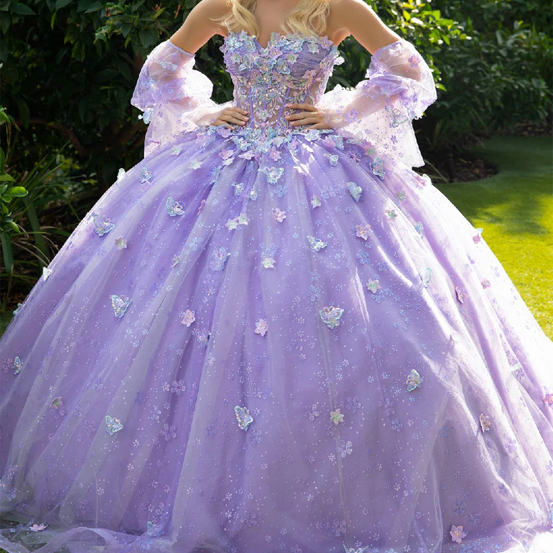 Lavender Shiny Quinceanera Dresses Ball Gown Off Shoulder Appliques Lace Bow Beading Crystal Tull Sweet 16 Dress Vestidos 15 Anos