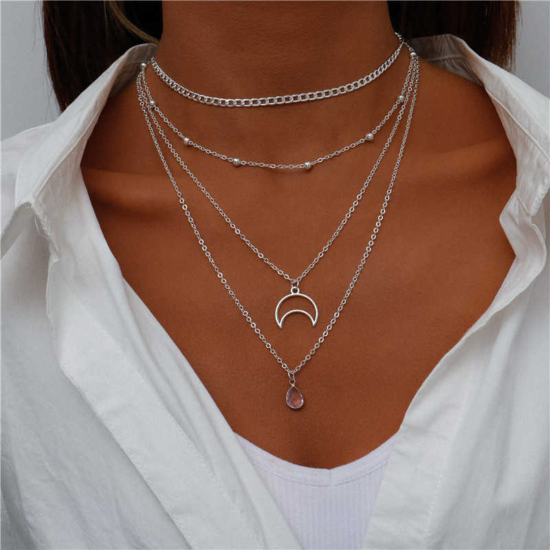 Pendant Necklaces Fashionable womens Bohemian moon multi-layered necklace simple and personalized pendant necklace H25219