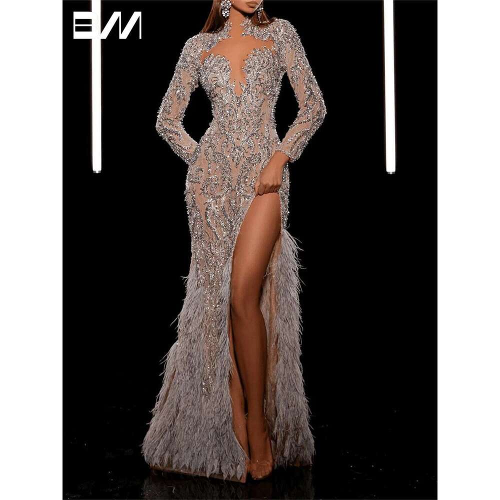 Long Sleeve Embroidered Ball Gown with Sexy Side Slit and Feathers Custom Female Evening Dress Guests prom Dresses