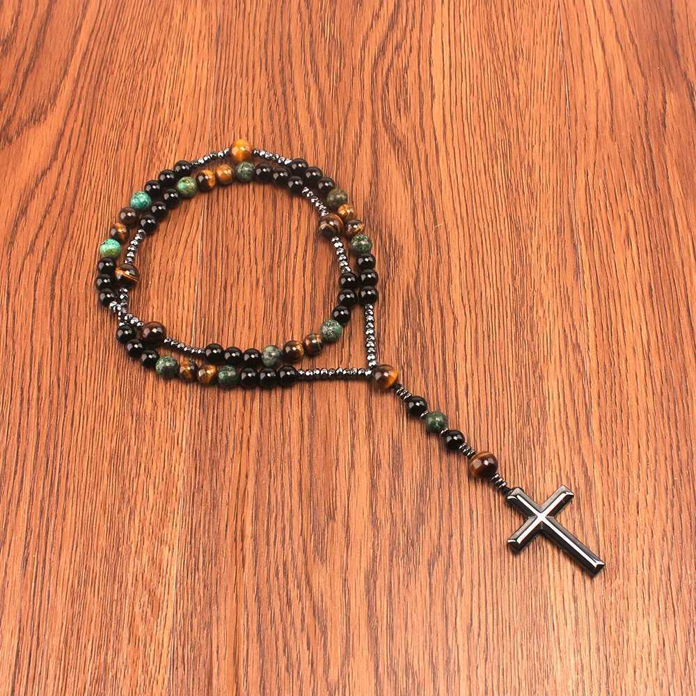 Natural Stone Africa Turquoise and Tiger-eye Beads Cross Pendant Necklace Rosary for Men and WomenXJ250219