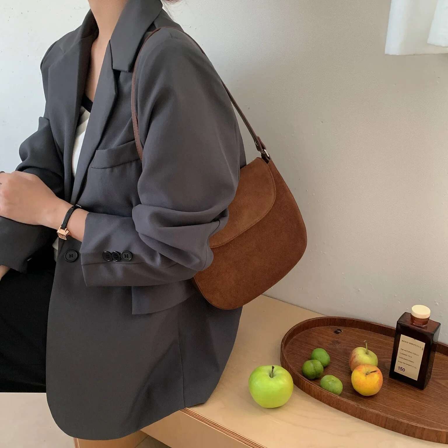 Ins Chic Designer Small Armpit Shoulder Matte Suede Cow Leather Women Crossbody Bag Thin Wine Red Daily-Use Purse