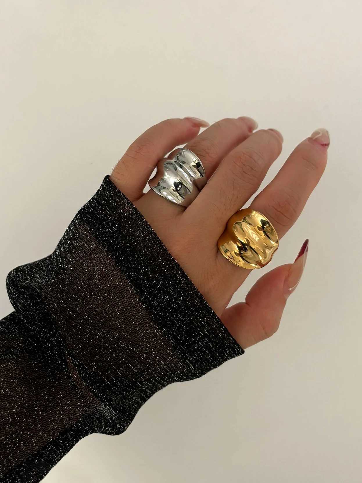 Perisbox Statement 18K Gold Plated Smooth Irregar Metal Textured Chunky Rings Anti-Tarnish Punk Fashion Party Jewelry Unisex X250220