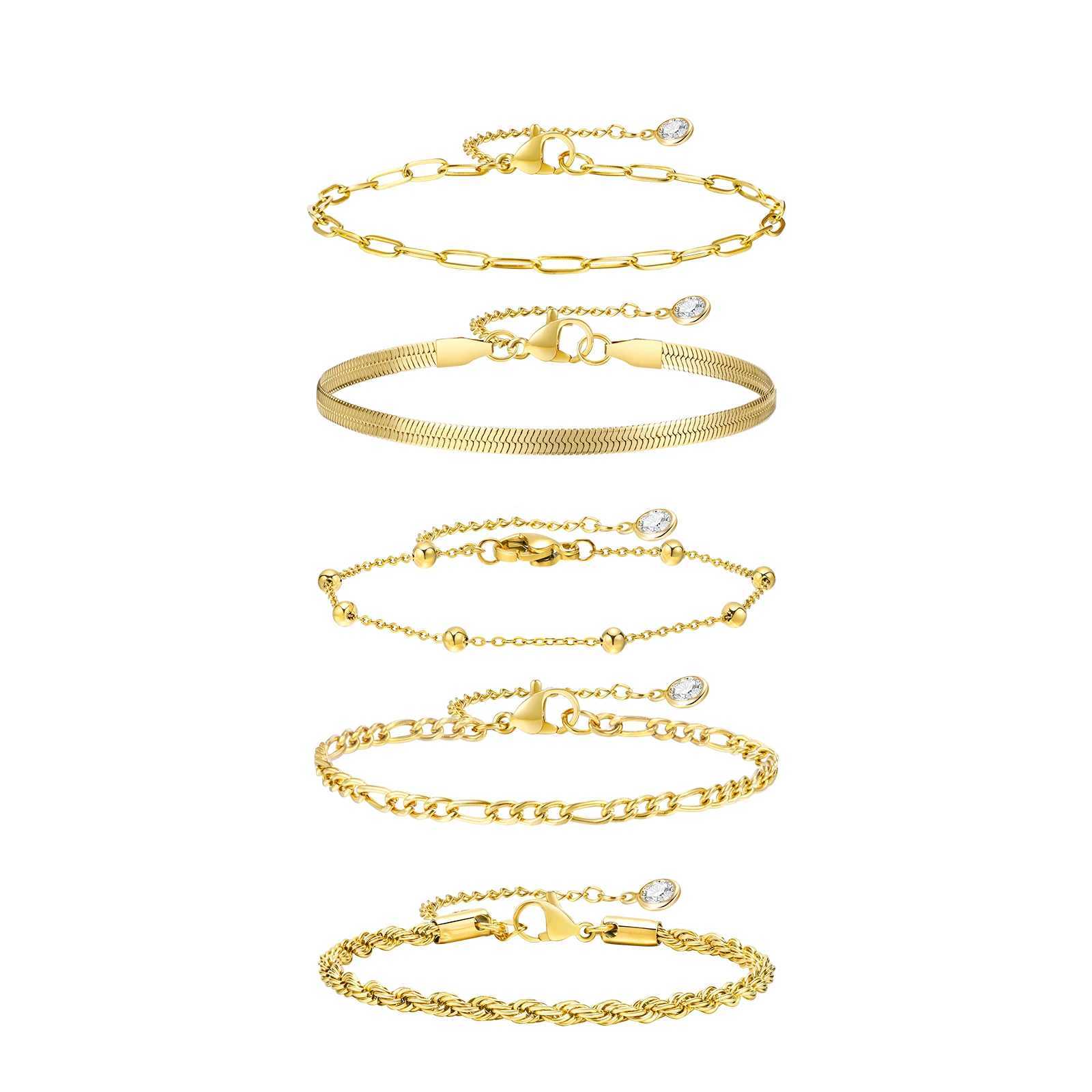 Gold Plated Bracelets Set for Women 5pcs Chain Link Stainl Steel Statement Bracelet Stackable Layered Jewelry AdjustableXJ250219