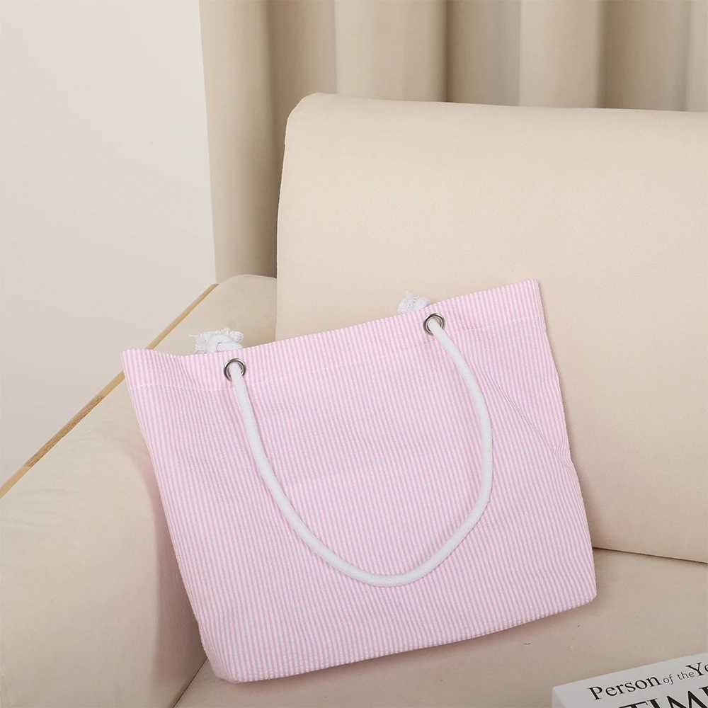 Seersucker Beach Tote Bags Large Capacity Striped Sling Bag For Women Shoulder Bag For Picnic Vacation Z250219