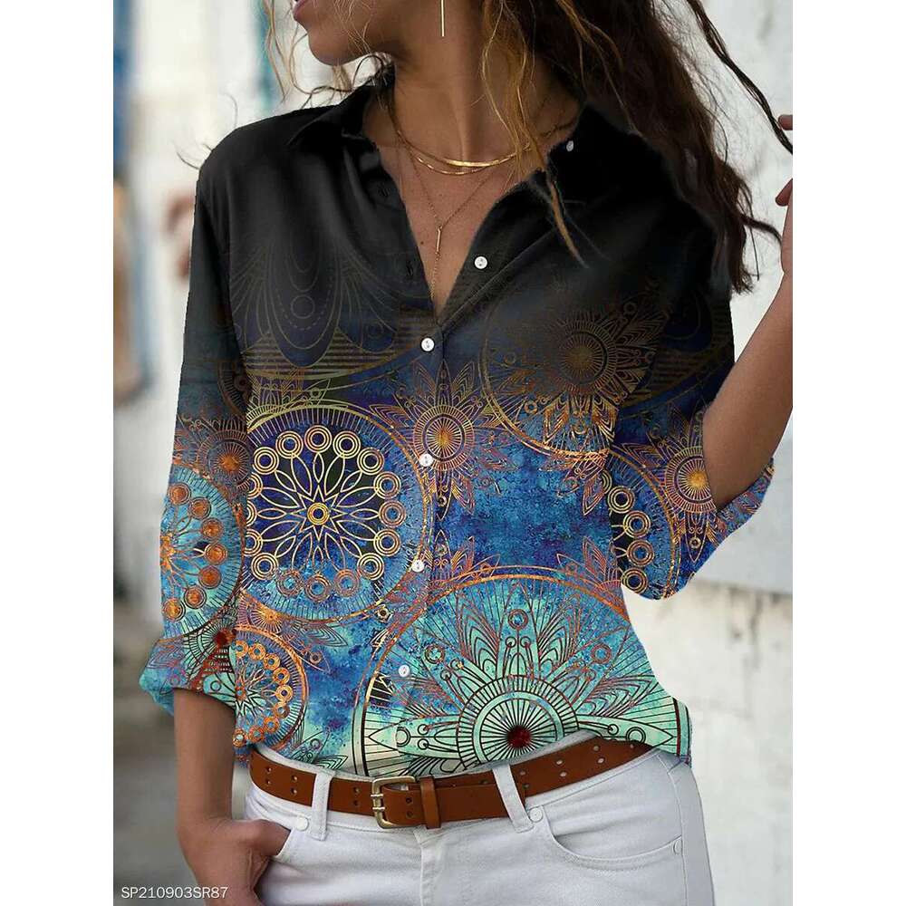 Fashion Casual Printed Elegant Long-Sleeved Woman Shirt All-Match Loose Top
