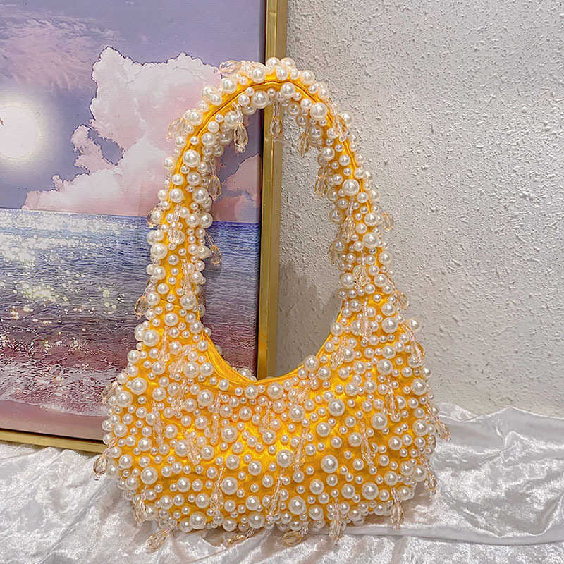 Sweet, fresh, cute, simple, casual, pearl crystal bead fashion, niche design, handbag, shoulder bag, underarm bag 250215