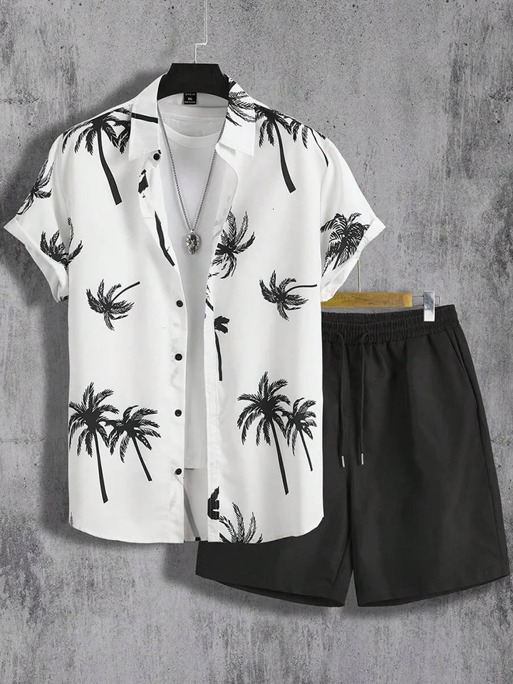 Hawaiian Coconut Tree Print Mens Shirt Summer Short Sleeve Tops Beach Shorts 2 Piece Sets Casual Vacation Style Outfit Clothing 250220