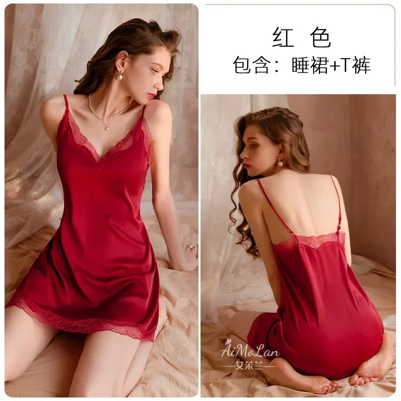 Fashionable and sexy sleepwear womens ice silk evening gown breast pads womens lace skirt womens spring autumn hanging evening gown womens summer 2502