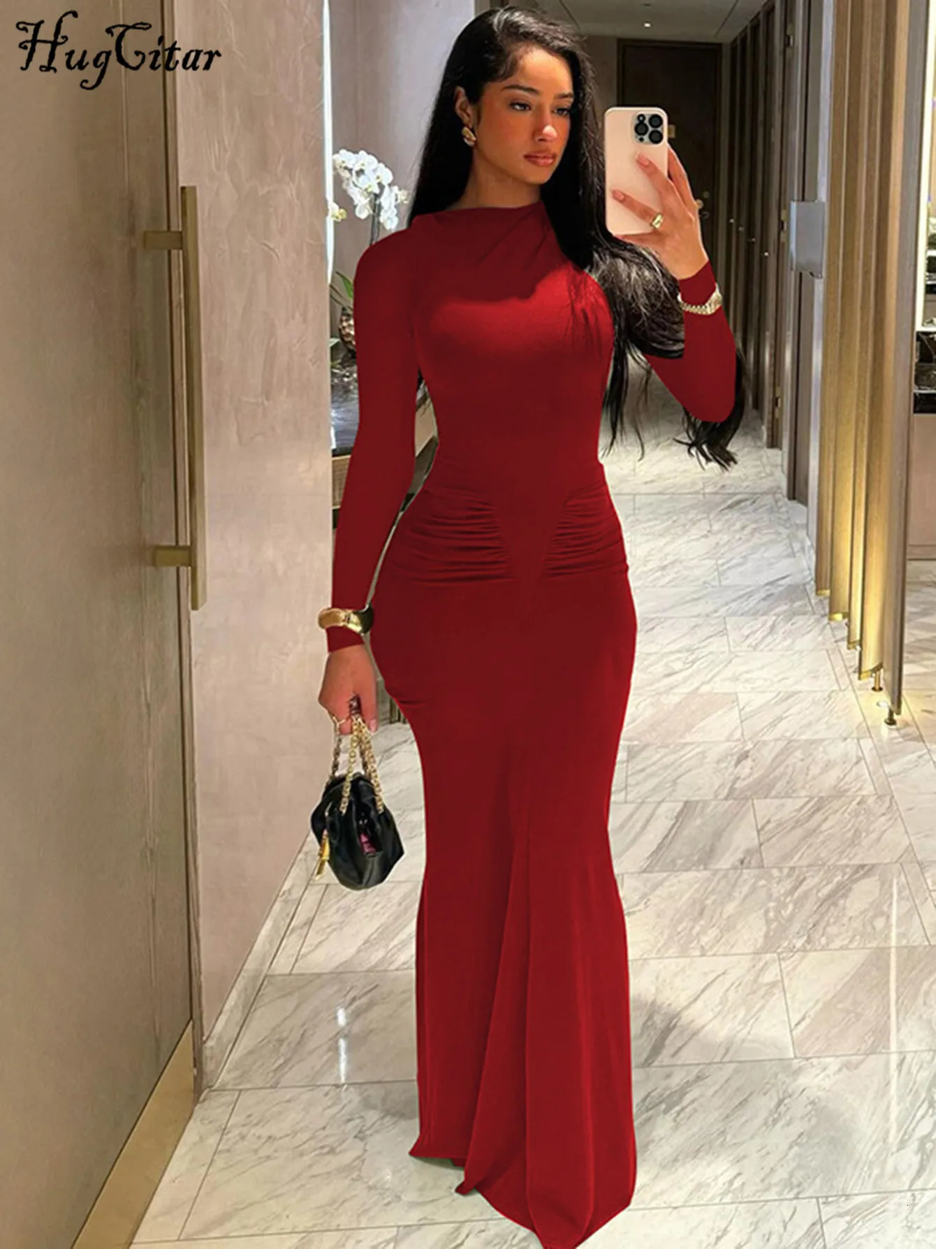 Hugcitar Autumn Solid Long Sleeve Draped Sexy Bodycon Maxi Prom Dress Women Fashion Y2K Outfits Evening Party Festival 250219