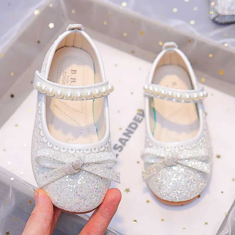 Girl Pearl Princess Shoes 2023 Spring New Childrens Fashion Rhinestone Childrens Leather Shoes Crystal Shoes Apartment Shiny and Unique X250220