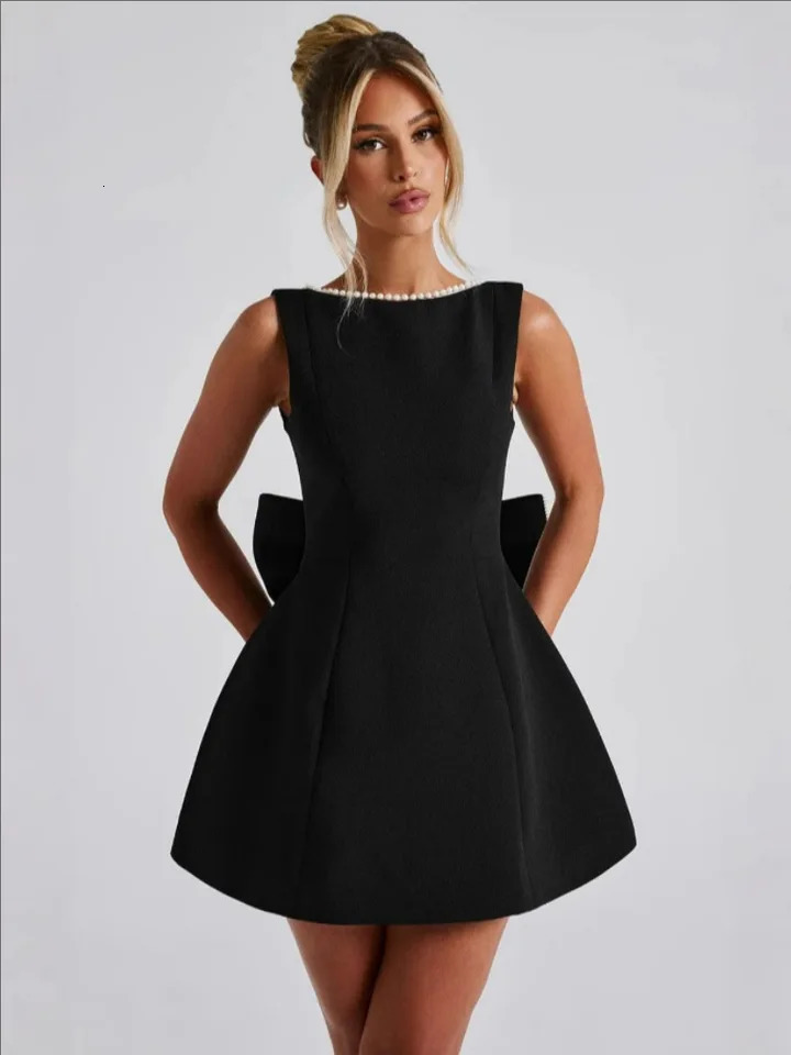 Spring Summer Elegant Women Sexy Mini Dress Pearl Big Bow Backless Zipper Sleeveless High Waist A-line Club Party Dress 250219