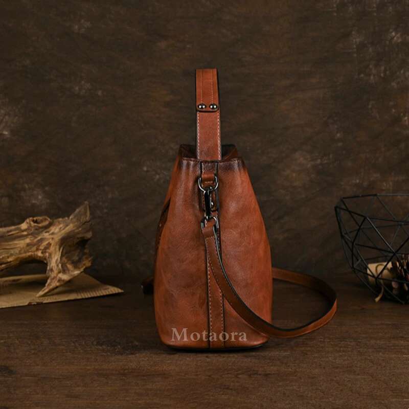 MOTAORA New Vintage Chinese Style Women's Shoulder Bag Emed Handmade Leather Crossbody Bucket Bags Mother's Handbag Purse