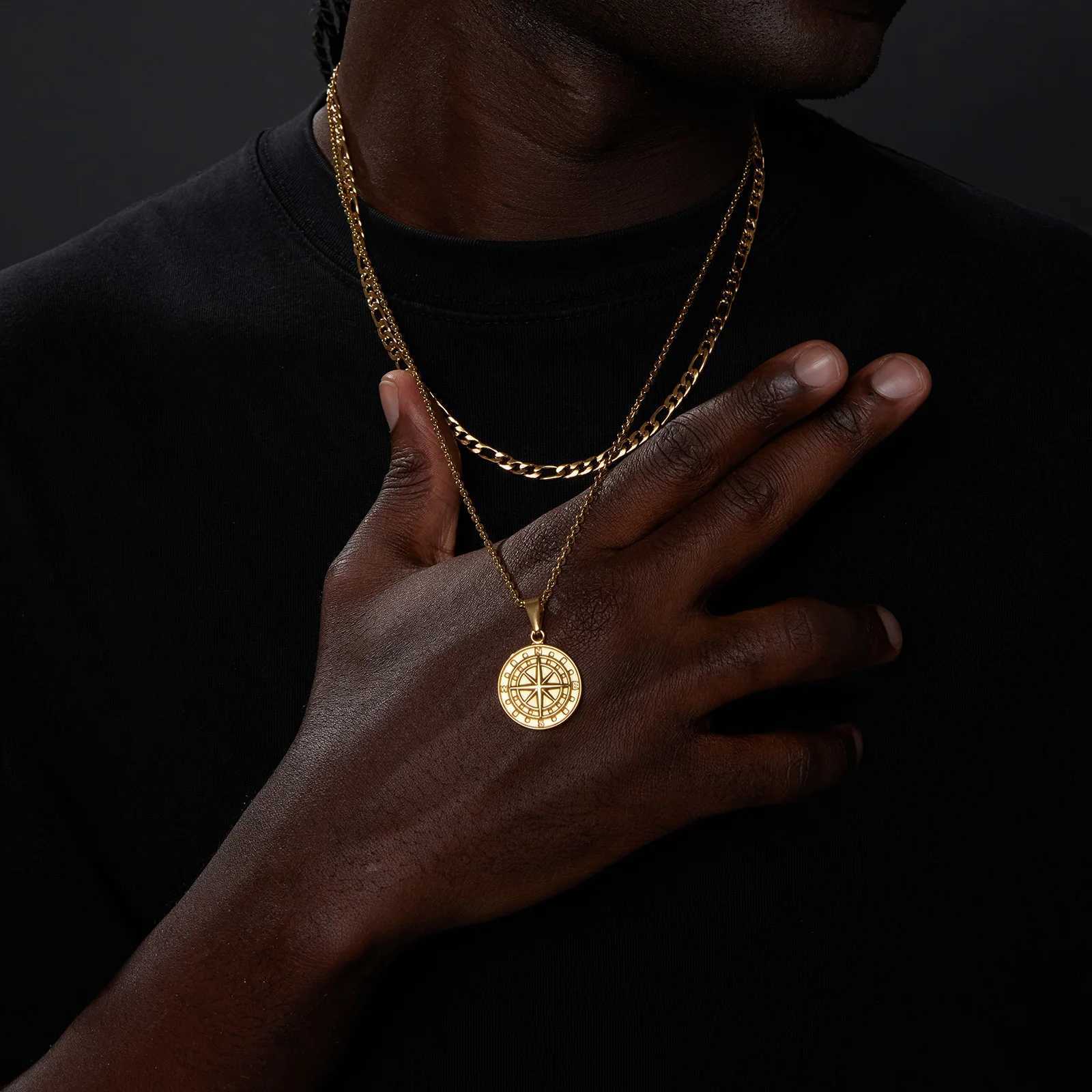Vnox Layered Necklaces for Men Sailing Travel Compass Pendant Stainl Steel Cuban Figaro Wheat Chain Casual Retro CollarXJ250219