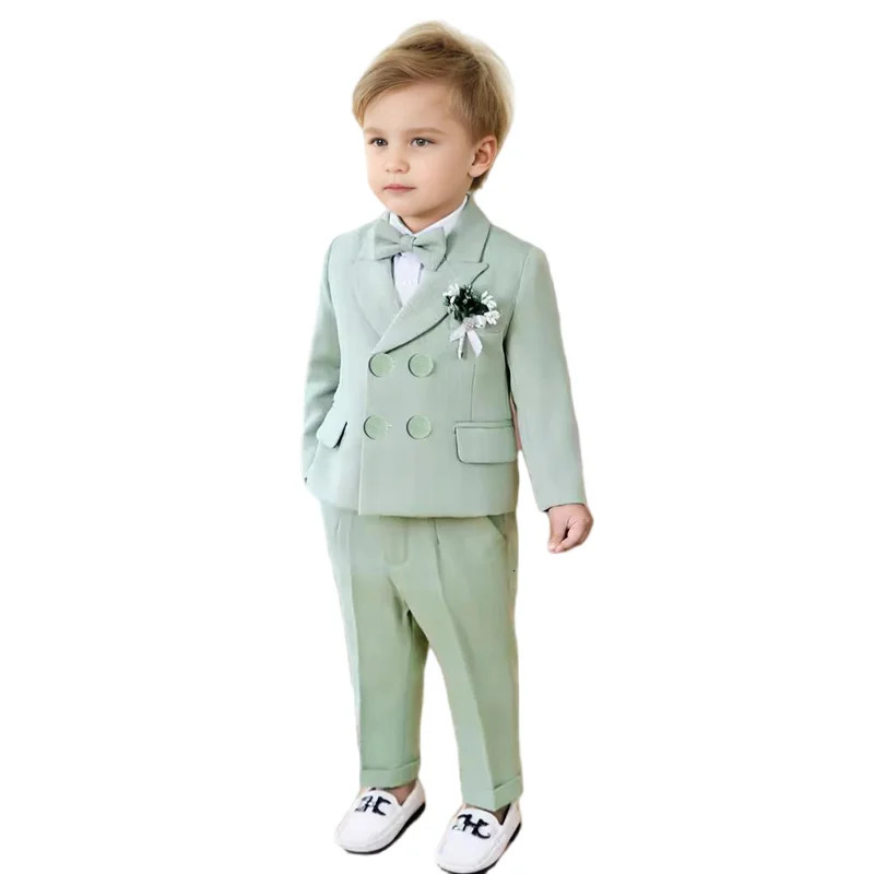 Boys Formal Green Suit Set Children Birthday Host Performance Pography Costume Kids Blazer Pants Bowtie Outfit 250219