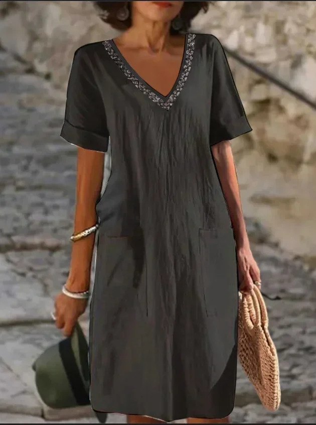 Spring Cotton Linen Womens Dress White Solid V-neck Elegant Dresses Female Soft Casual Loose Summer Clothes Ladies 250220