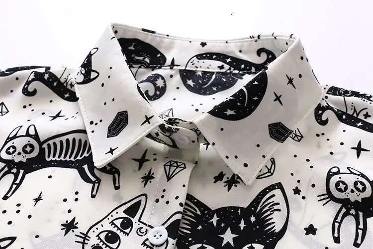 Kitty Print Shirt For Women Long Sleeve Turn-Down Collared Button Down Cute Cartoon Blouse Ladies Spring Summer Kawaii Outfit