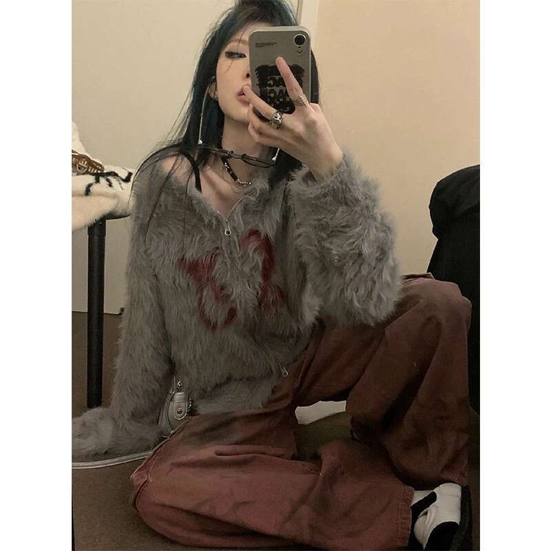 Y2K Aesthetic Knitted Cardigan Women Haruku Oversized Print Sweater Outerwear Gothic Long Sleeve Knitwear Winter Jumpers New