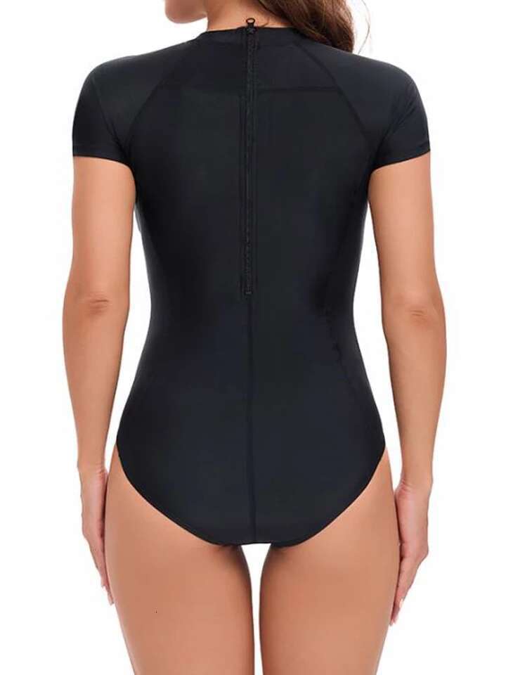 Female Surf Swimsuit Short Sleeve Bodysuit 2025 Solid Color Swimwear Women Zipper One Piece Rashguard Diving Clothes Bathing Swimming Suit