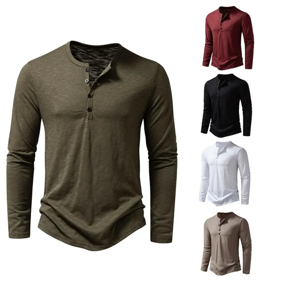 Autumn Mens Cotton Button Long Sleeve Henley Neck TShirt Casual Solid Color Breathable Versatile Fashion Slim TShirts 250218