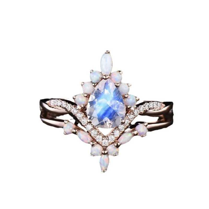 European and new fashionable colorf jewelry inlaid with water droplet gemstone wens double-layer ring X250220